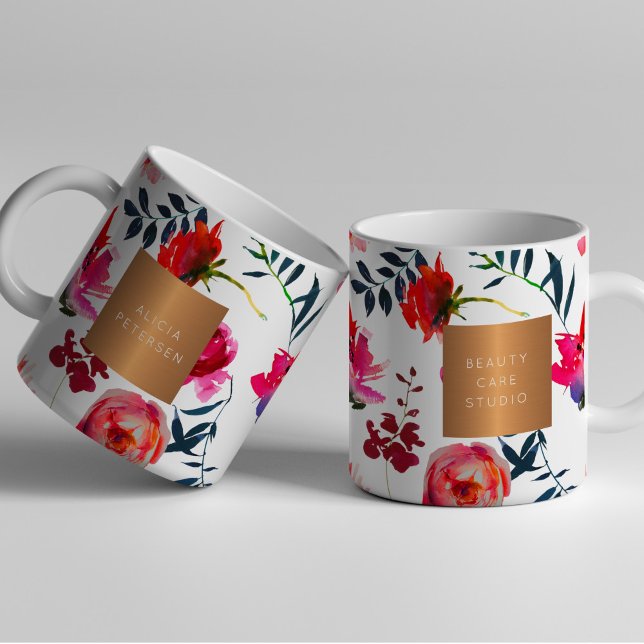 Beauty salon name glam copper watercolor flowers coffee mug (Creator Uploaded)