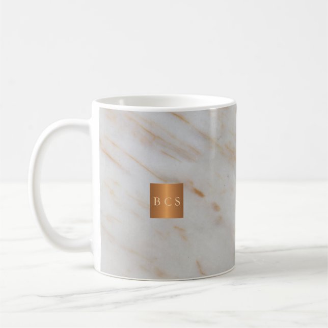 Beauty salon name gold copper marble monogram coffee mug (Left)