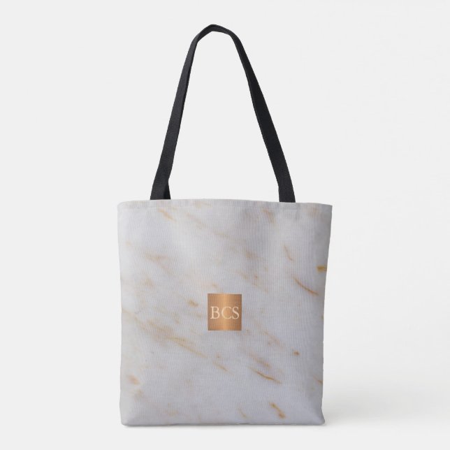 Beauty salon name gold copper marble monogram tote bag (Back)