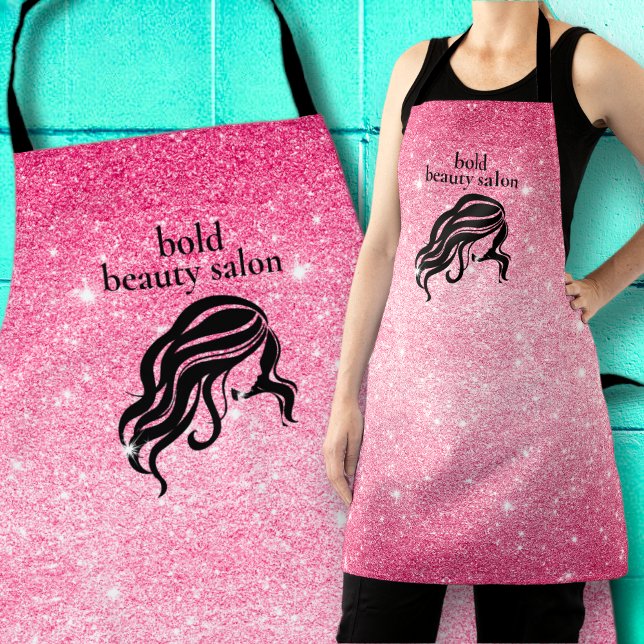 Beauty Salon Name Hot Pink Glitter + Black Staff Apron (Creator Uploaded)