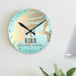 Beauty Salon Name Metallic Gold Aqua Blue Glitter Round Clock<br><div class="desc">Add your boutiques name to the customizable metallic faux foil classic 14k antique gold gradient with a robin's egg blue sparkling simulated glitter background,  decorative wall</div>