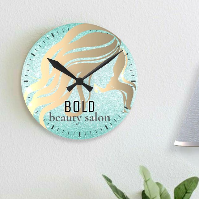 Beauty Salon Name Metallic Gold Aqua Blue Glitter Round Clock (Creator Uploaded)
