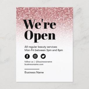 Beauty Salon Open for Business Rose Gold Glitter Announcement Postcard