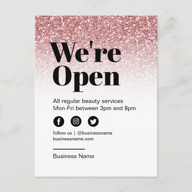 Beauty Salon Open for Business Rose Gold Glitter Announcement Postcard (Front)
