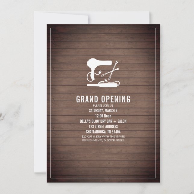 Beauty Salon Opening Hair Tools Rustic Wood Invitation (Front)