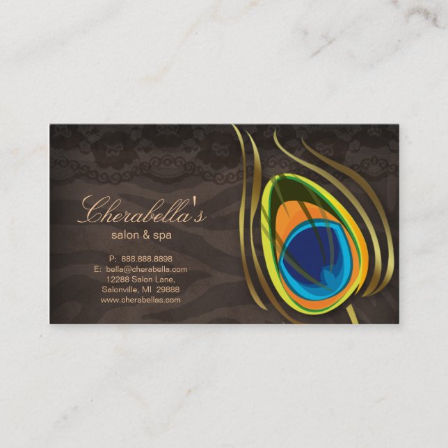 Beauty Salon Peacock Feather Brown Suede Business Card (Front)