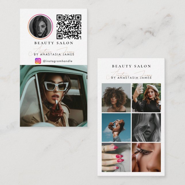 Beauty Salon Photo Feed Social Media QR Code Business Card (Front/Back)