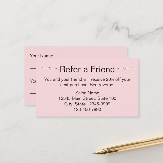 Beauty Salon Pink and Black Refer a Friend Card (Front/Back In Situ)