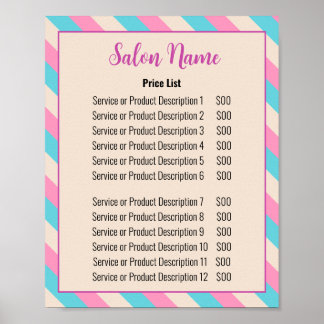 Beauty Salon Pink Beige Blue Striped Price List Poster