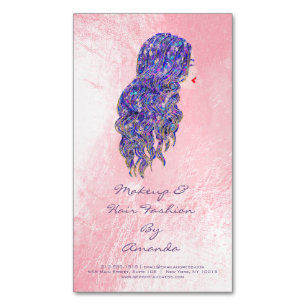Beauty Salon Pink Violet Adress Makeup Hair Stylis Magnetic Business Card