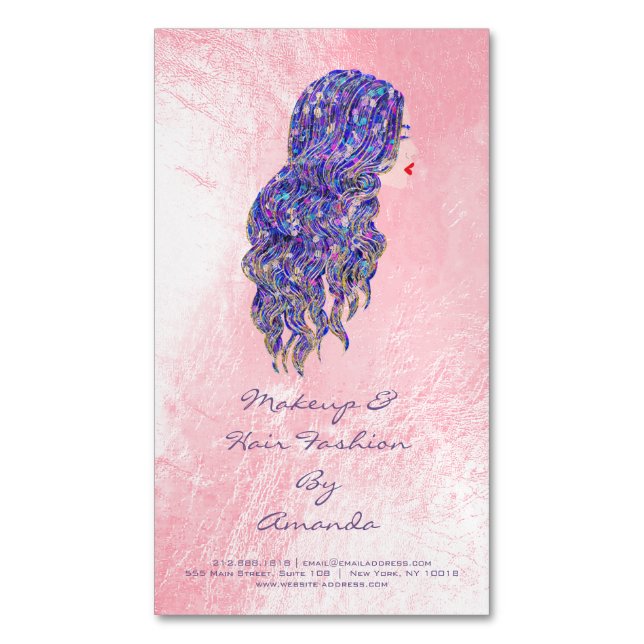 Beauty Salon Pink Violet Adress Makeup Hair Stylis Magnetic Business Card (Front Vertical)