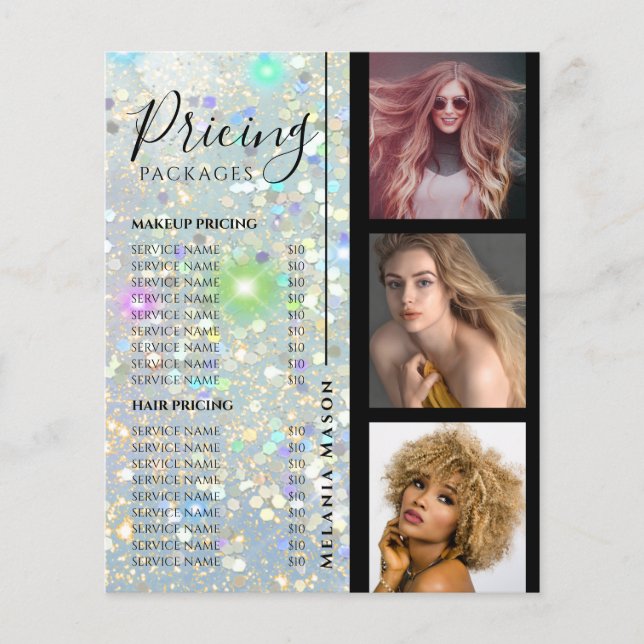 Beauty Salon Pricing Custom Photo Holo Glitter Flyer (Front)