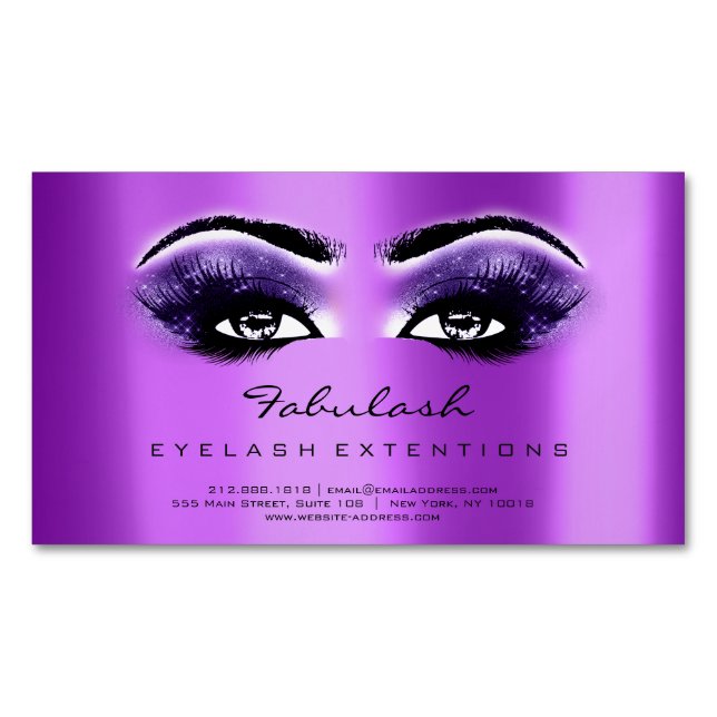 Beauty Salon Purple RSVP Adress Makeup Lashes Magnetic Business Card (Front)