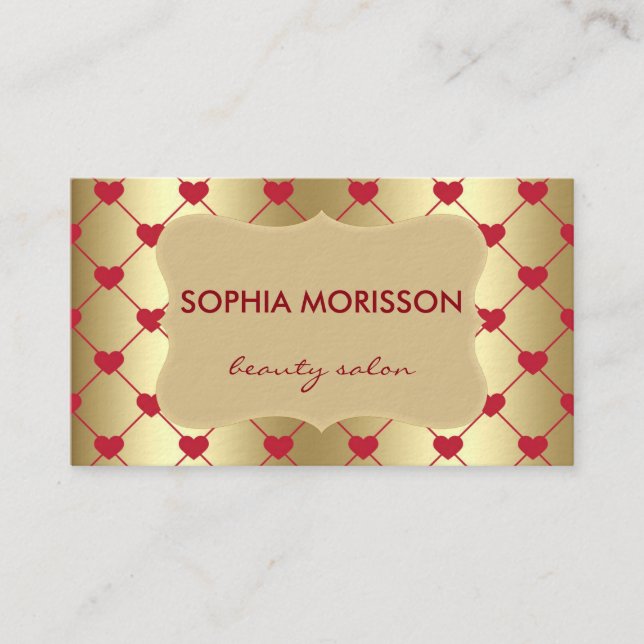 Beauty Salon Red Hearts&Golden Monogram Business Card (Front)