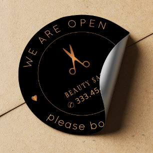 Beauty salon reopening name and logo book visit classic round sticker