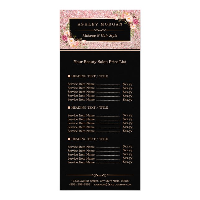 Beauty Salon Rose Gold Glitter Flowers Price List Rack Card (Front)