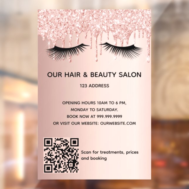 Beauty salon rose gold glitter lashes QR code Window Cling (Sheet 2)