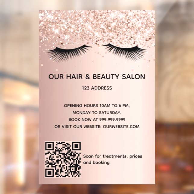 Beauty salon rose gold glitter lashes QR code Window Cling (Sheet 2)