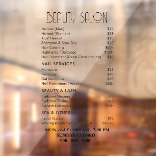 Beauty salon service fee list window cling
