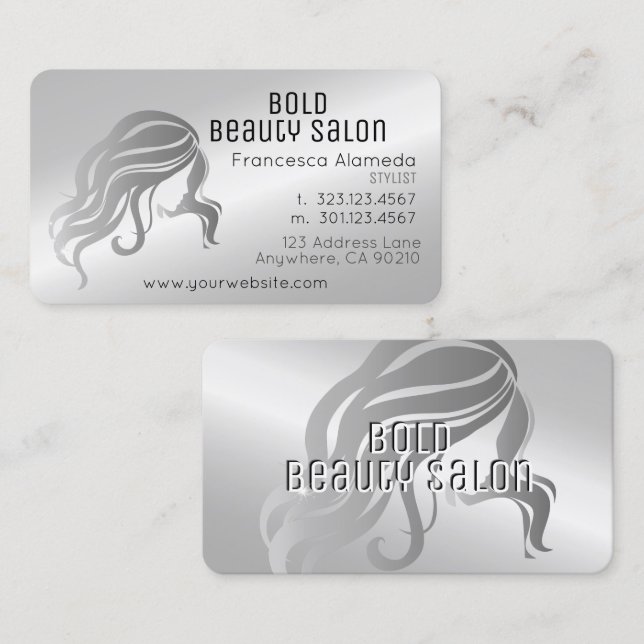 Beauty Salon Stylist Metallic Platinum Silver Business Card (Front/Back)