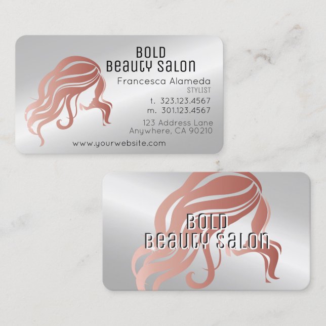 Beauty Salon Stylist Metallic Silver and Rose Gold Business Card (Front/Back)