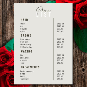 Beauty Salon Treatment Menu Services Price List 