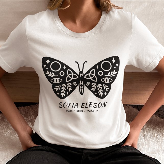 Beauty Salon Uniform Black Butterfly Typography  T-Shirt (Creator Uploaded)