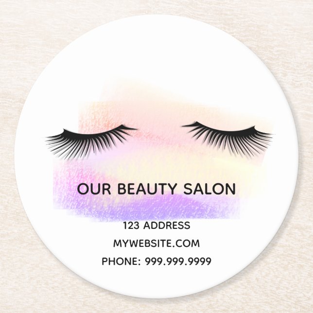 Beauty salon white eye lashes pastel makeup round paper coaster (Front)