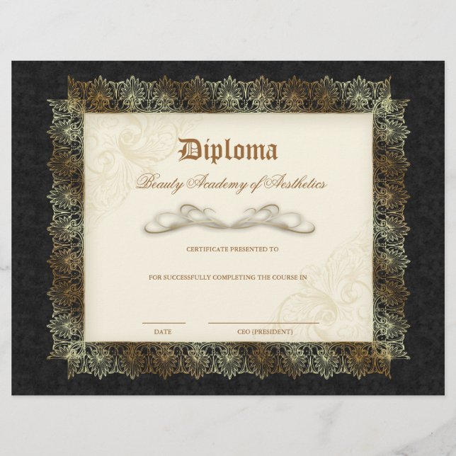 Beauty School Diploma Black Cream Gold Lace Frame (Front)