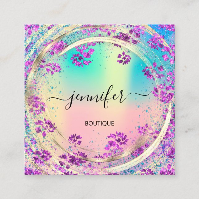 Beauty Shop Frame  Gold Floral QR Code Logo Square Business Card (Front)