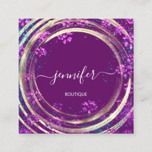 Beauty Shop Purple Gold Floral QR Code Logo Square Business Card