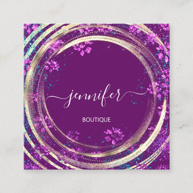 Beauty Shop Purple Gold Floral QR Code Logo Square Business Card (Front)