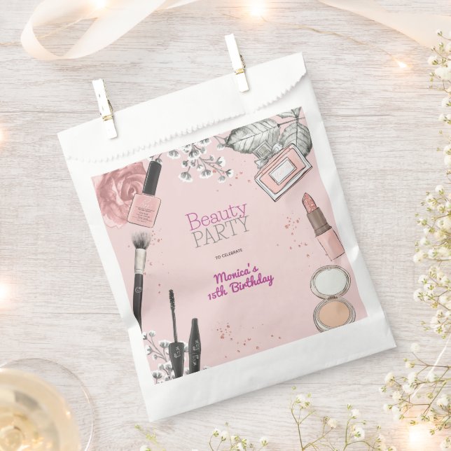 Beauty spa girly dusty rose birthday party favour bags (Clipped)