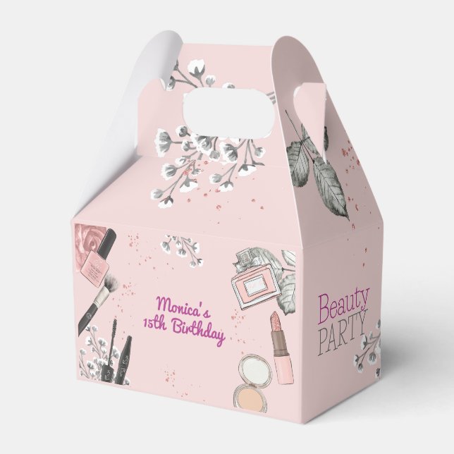 Beauty spa girly dusty rose birthday party favour box (Front Side)