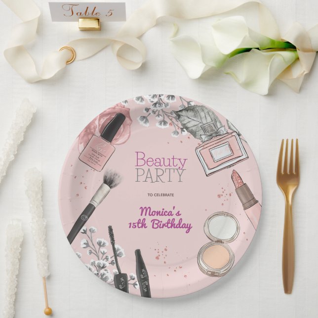 Beauty spa girly dusty rose birthday party paper plate (Wedding)