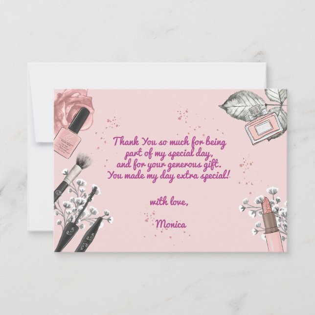 Beauty spa girly dusty rose birthday party thank you card (Front)