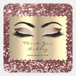 Beauty Sparkly Glitter Rose Gold Lashes Thank You Square Sticker