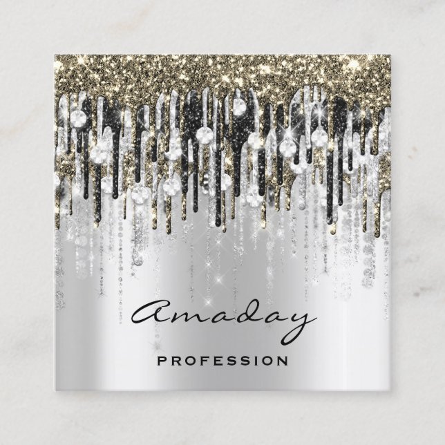 Beauty Studio Hairdresser Makeup Grey Gold Diamond Square Business Card (Front)