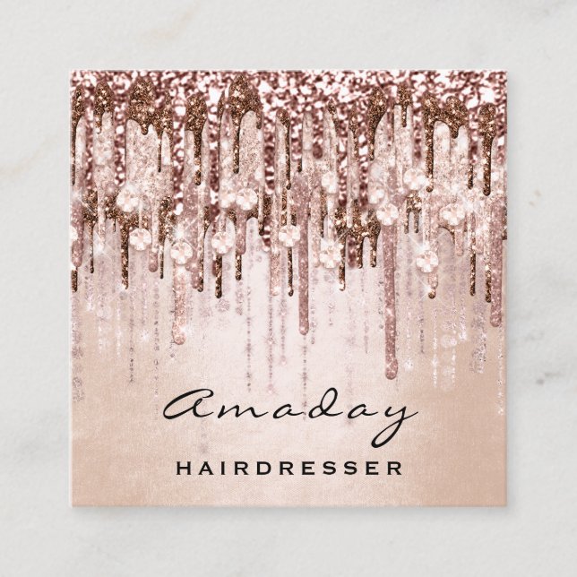Beauty Studio Hairdresser Makeup Rose Drip Diamond Square Business Card (Front)