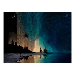 Beauty & Terror, ships, moon, and northern lights Poster