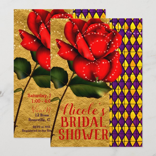 Beauty & The Beast Red Sparkle Rose Bridal Shower Invitation (Front/Back)