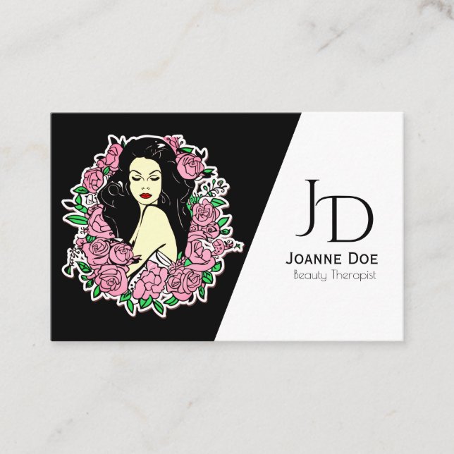 Beauty Therapist Elegant Woman And Flowers Business Card (Front)