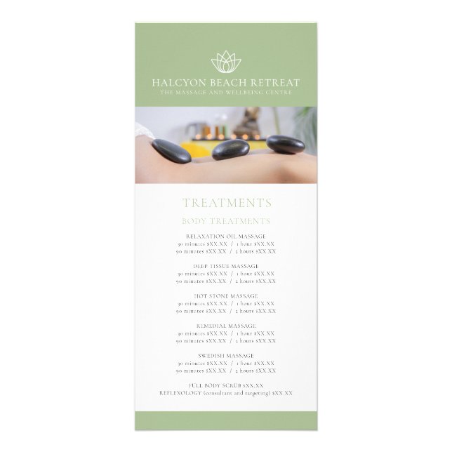 Beauty treatment price list menu lotus green logo (Front)