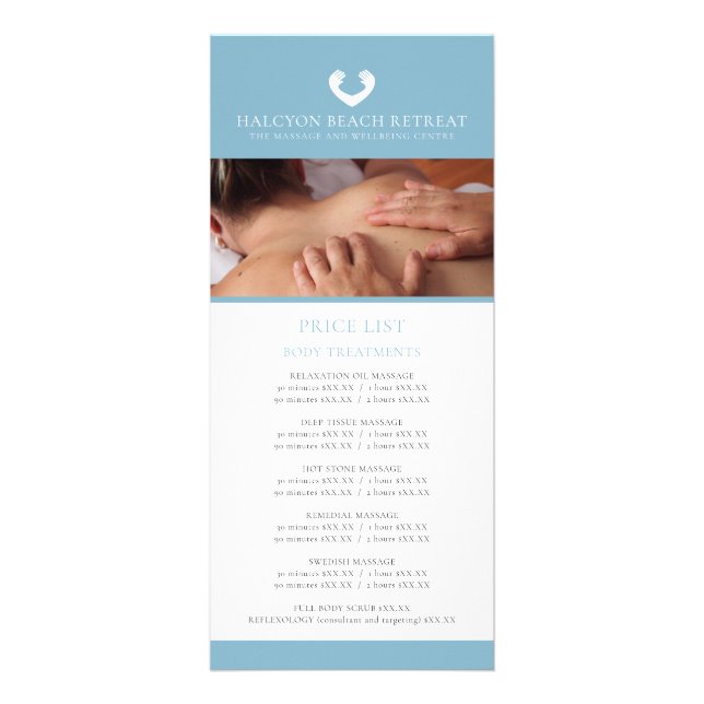 Beauty treatment price list teal massage logo rack card (Front)