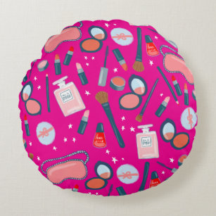 Beauty vintage cosmetics pattern pink round cushion