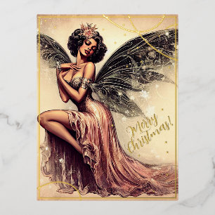 Beauty Vintage Fairy Merry Christmas Greets Retro Foil Holiday Postcard