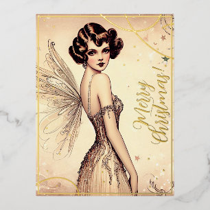 Beauty Vintage Fairy Merry Christmas Greets Retro Foil Holiday Postcard