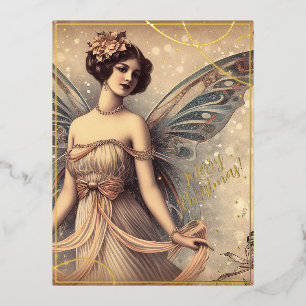 Beauty Vintage Fairy Merry Christmas Greets Retro Foil Holiday Postcard