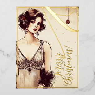 Beauty Vintage Lady Merry Christmas Greets Retro Foil Holiday Postcard