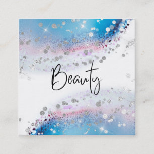 *~* BEAUTY - Watercolor Blue Pastel Silver Glitter Square Business Card